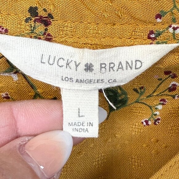 Lucky Brand Blouse Womens Sz L Yellow Floral Manderine Collar1/2 Button LS - Picture 8 of 12